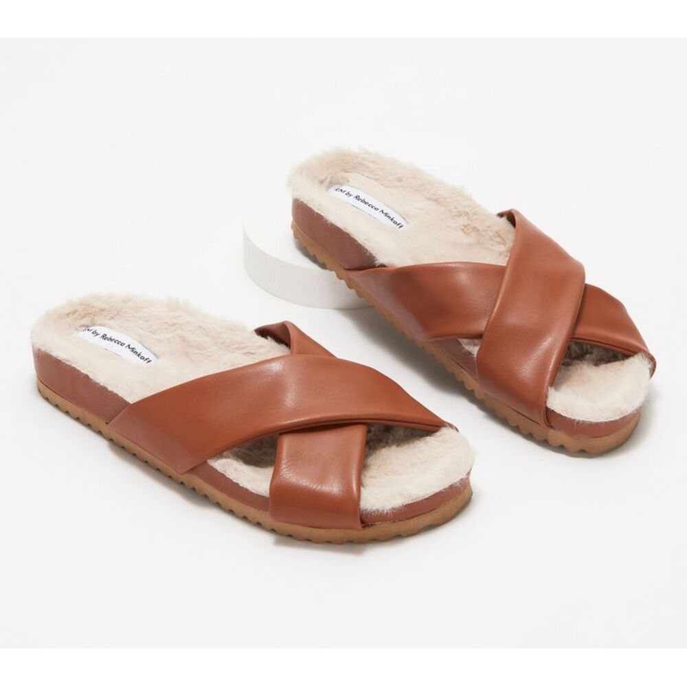 RM Rebecca Minkoff Women's Shoes Sz 8 Faux Leather X-Cross Slippers Brown